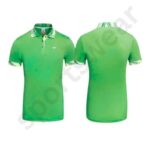 Green polo shirt with patterned collar and sleeve cuffs, front and back views.