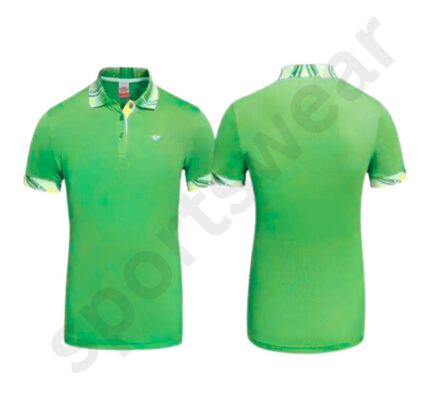 Green polo shirt with patterned collar and sleeve cuffs, front and back views.