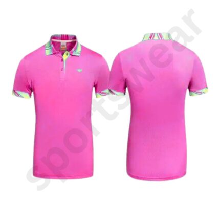 Pink polo shirt with patterned collar and sleeve cuffs, front and back views.