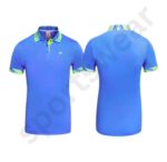 Blue polo shirt with patterned collar and sleeve cuffs, front and back views.