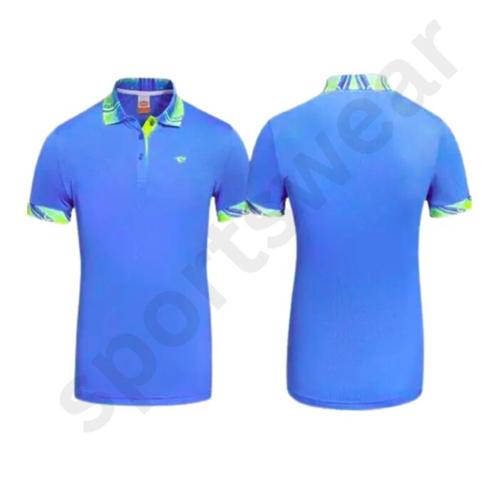 Blue polo shirt with patterned collar and sleeve cuffs, front and back views.