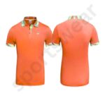Orange polo shirt with patterned collar and sleeve cuffs, front and back views.