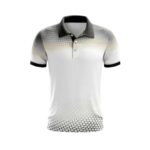 Polo shirt with a dark collar and cuffs, featuring a gradient dotted pattern fading from the shoulders to the hem, primarily white with black and beige tones.