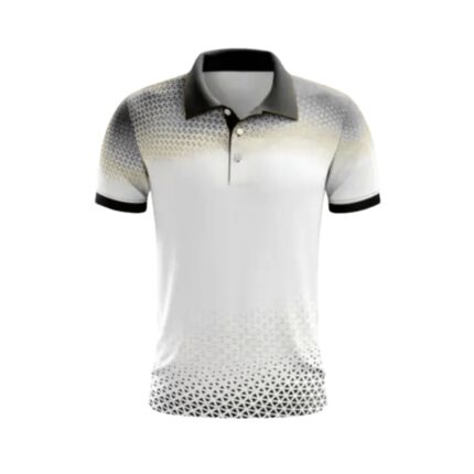 Polo shirt with a dark collar and cuffs, featuring a gradient dotted pattern fading from the shoulders to the hem, primarily white with black and beige tones.