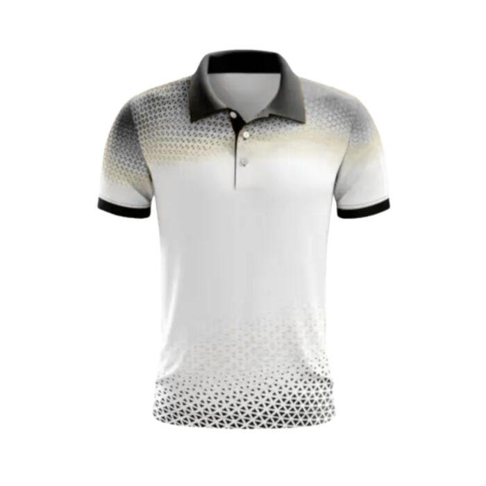Polo shirt with a dark collar and cuffs, featuring a gradient dotted pattern fading from the shoulders to the hem, primarily white with black and beige tones.