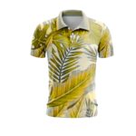 Polo shirt with a bold tropical print in yellow, green, and cream tones, featuring large palm leaf graphics all over.