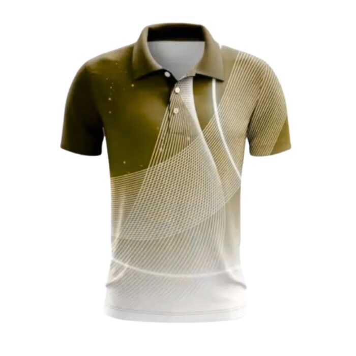 polo shirt with a bold gradient and sweeping white geometric patterns; dark olive starting color fading to light beige.