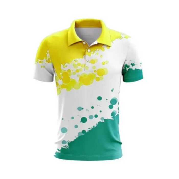Polo shirt with a bright, multicolor splash design featuring yellow, teal, and white with circular dot patterns and a teal bottom edge.