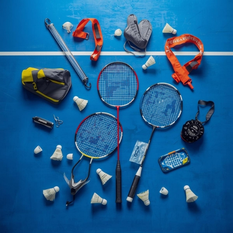 A flat lay of badminton gear on a blue court: three badminton rackets, shuttlecocks, a pair of shoes, a bag, a stopwatch, a bottle, grips, a stringing tool, and miscellaneous accessories scattered across the floor.