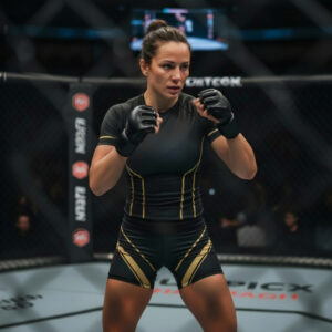 Female mixed martial artist in a black and gold fight suit, standing in a fighting stance inside a cage, gloves up and focused