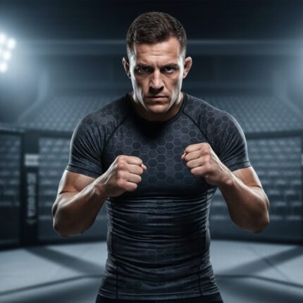 A muscular man in a tight, hex-patterned black compression shirt stands in a fighting cage, fists raised in a ready stance.