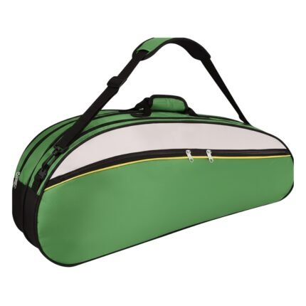 Green and black badminton racket bag with a padded handle and zippered compartments