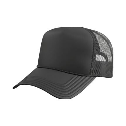 Black badminton cap front view with mesh back panel and stitched brim