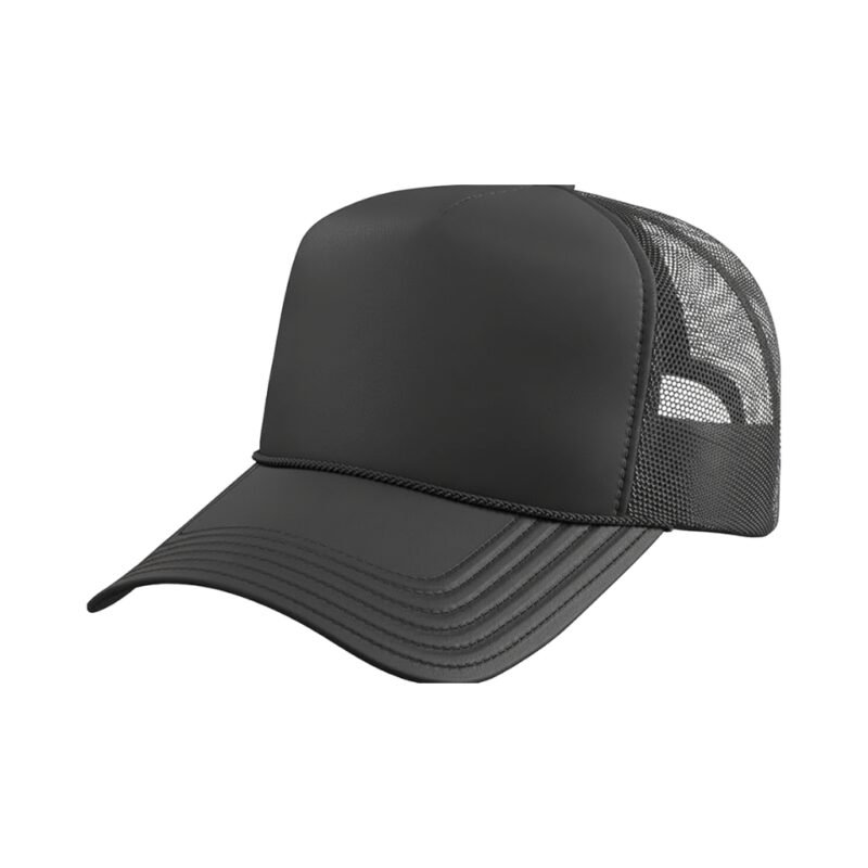 Black badminton cap front view with mesh back panel and stitched brim
