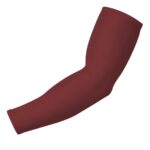 A maroon compression arm sleeve laid diagonally on a white background, shown from upper arm to wrist.