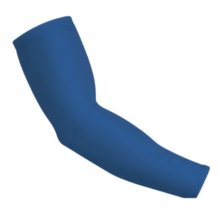 A blue compression arm sleeve laid diagonally on a white background, thicker at the top and tapering toward the bottom.