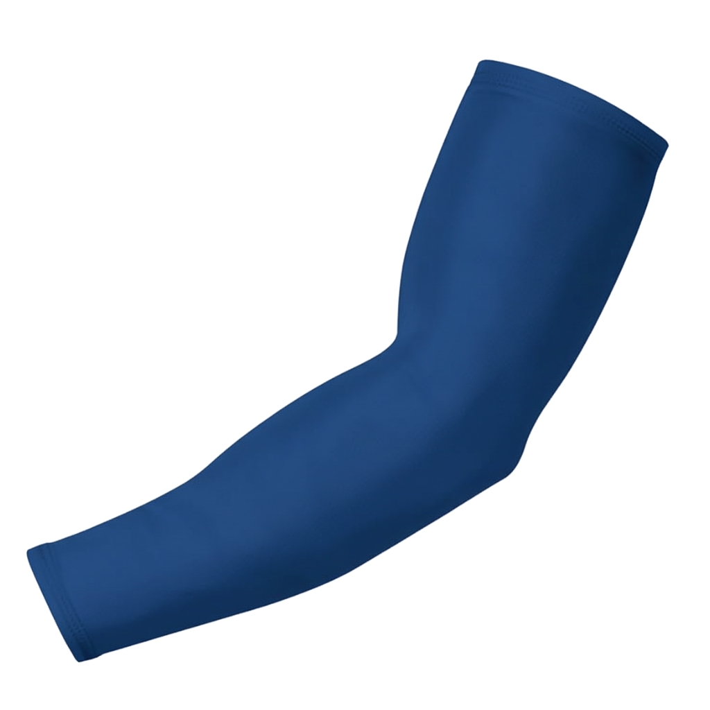 A single blue, seamless, form-fitting arm sleeve laid diagonally on a white background.