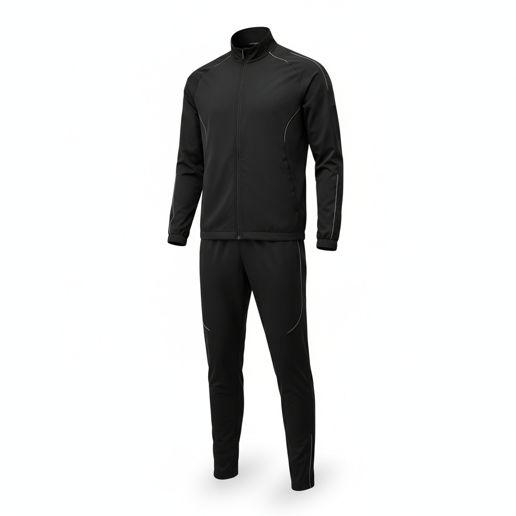 Full black badminton tracksuit displayed on a white background, consisting of a zip-up jacket with a high collar and tapered pants; both pieces feature subtle silver piping along the seams