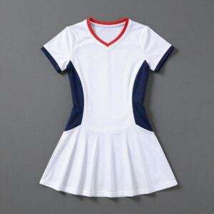 White badminton dress with red V-neck trim and navy side panels, short sleeves, and a pleated skirt against a gray background.
