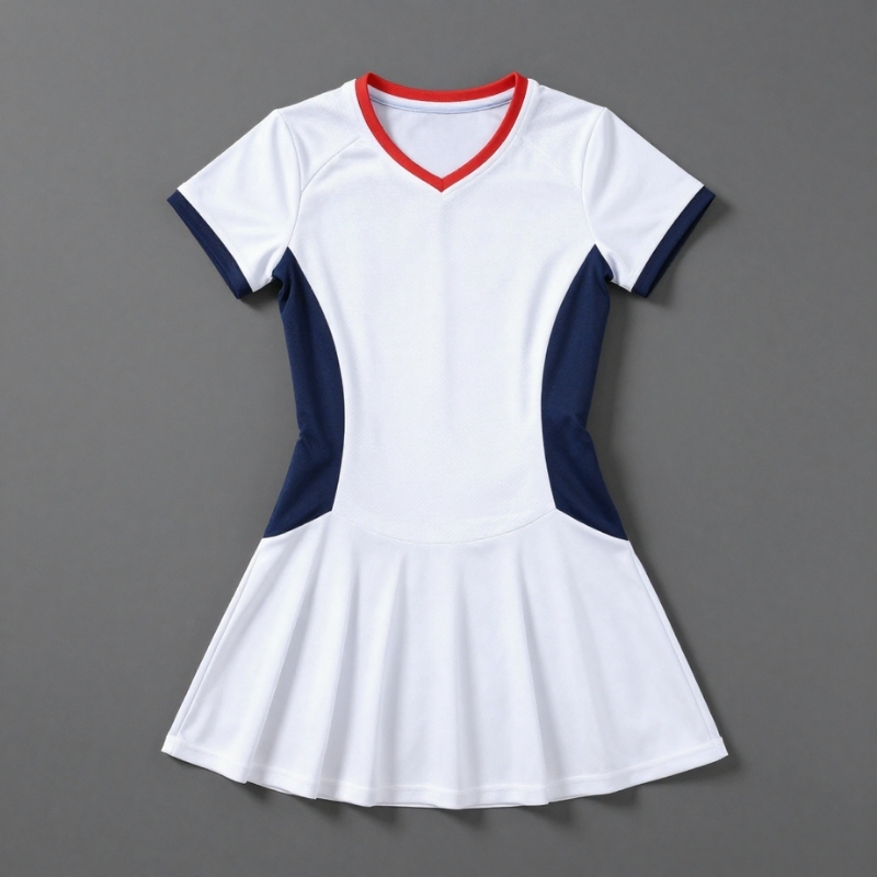 White badminton dress with red V-neck trim and navy side panels, short sleeves, and a pleated skirt against a gray background.