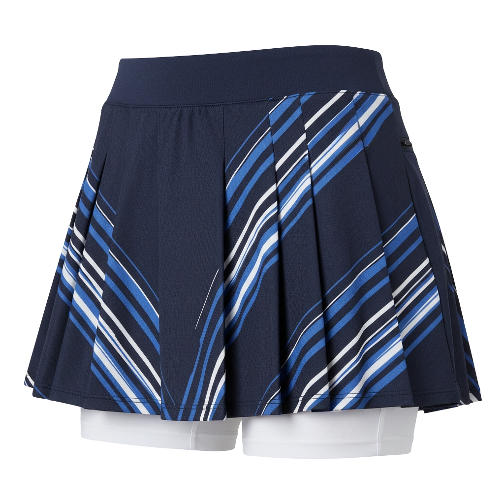 Navy blue pleated tennis skirt with diagonal blue and white stripes and attached white shorts underneath
