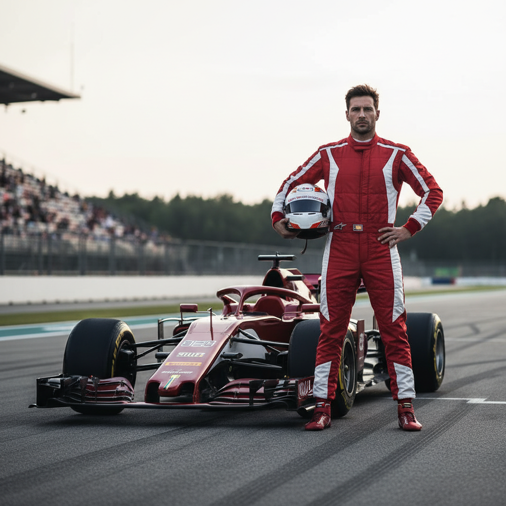 A full-body shot of a Formula 1 driver standing on a race track next to a red Formula 1 car. The driver wears a red and white racing suit and holds a white helmet in his left arm.