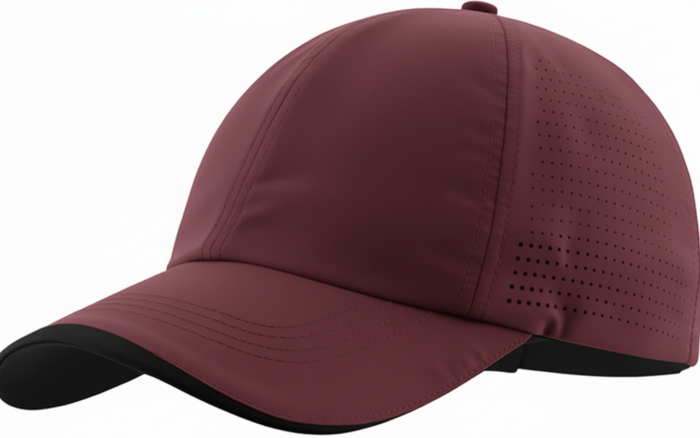 Maroon golf cap with a curved black brim, small top button, and ventilation holes along the side panels, set against a white background