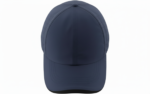 Front view of a dark blue golf cap with a rounded crown, visible brim, small top button, and perforated side panels on a white background