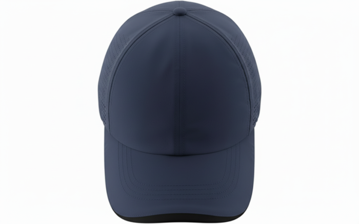 Front view of a dark blue golf cap with a rounded crown, visible brim, small top button, and perforated side panels on a white background