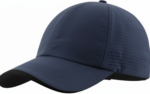 Close-up side view of a dark blue golf cap with a black brim, featuring small perforations along the side for ventilation, set against a plain white background.