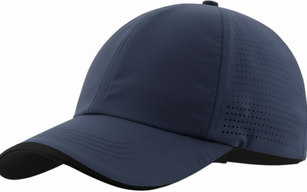 Close-up side view of a dark blue golf cap with a black brim, featuring small perforations along the side for ventilation, set against a plain white background.