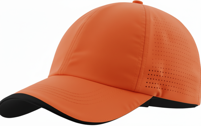 Orange golf cap with a curved black brim, positioned against a white background. Side panels show small ventilation holes