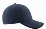 Right side view of a navy blue golf cap with a curved black brim and small ventilation holes along the side panels, set against a white background.