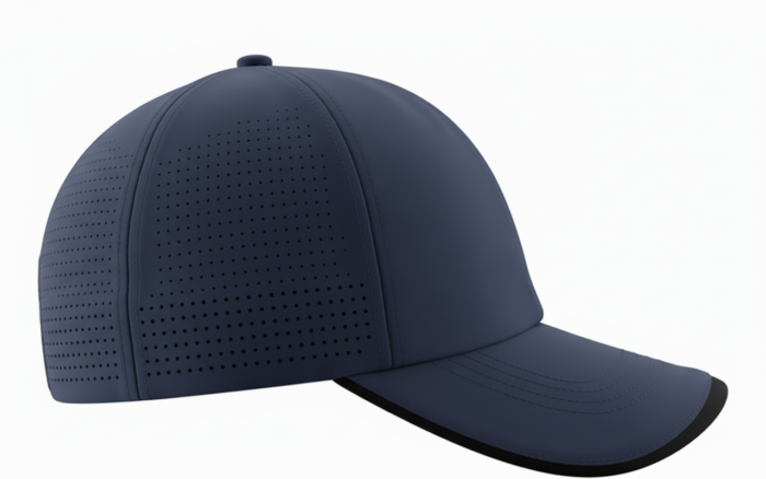 Right side view of a navy blue golf cap with a curved black brim and small ventilation holes along the side panels, set against a white background.