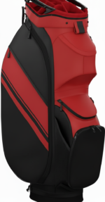 Side view of a red and black golf travel bag with multiple zipped pockets and black accents set against a white background.