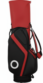 Back view of a black and red golf travel bag with a red top, diagonal red stripe, multiple pockets, and a white circular logo.