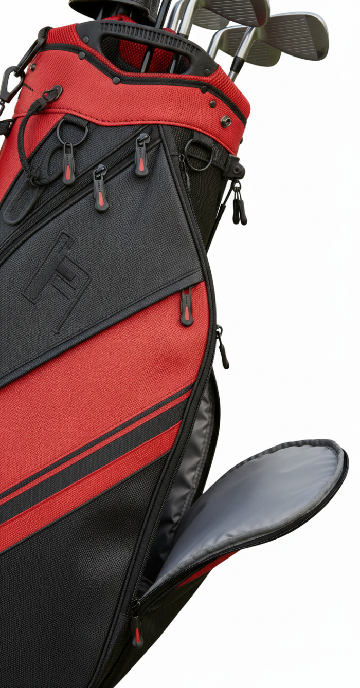 Close-up of a red and black golf travel bag with multiple zipper pockets and clubs visible at the top.