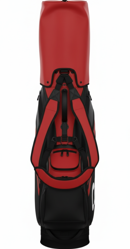 Vertical image of a red and black golf travel bag shown from the front, with red padded straps, a red top, and a black base against a white background.