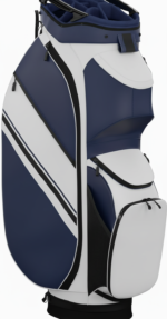 Front view of a navy blue and white golf travel bag with black accents and multiple zippered pockets.