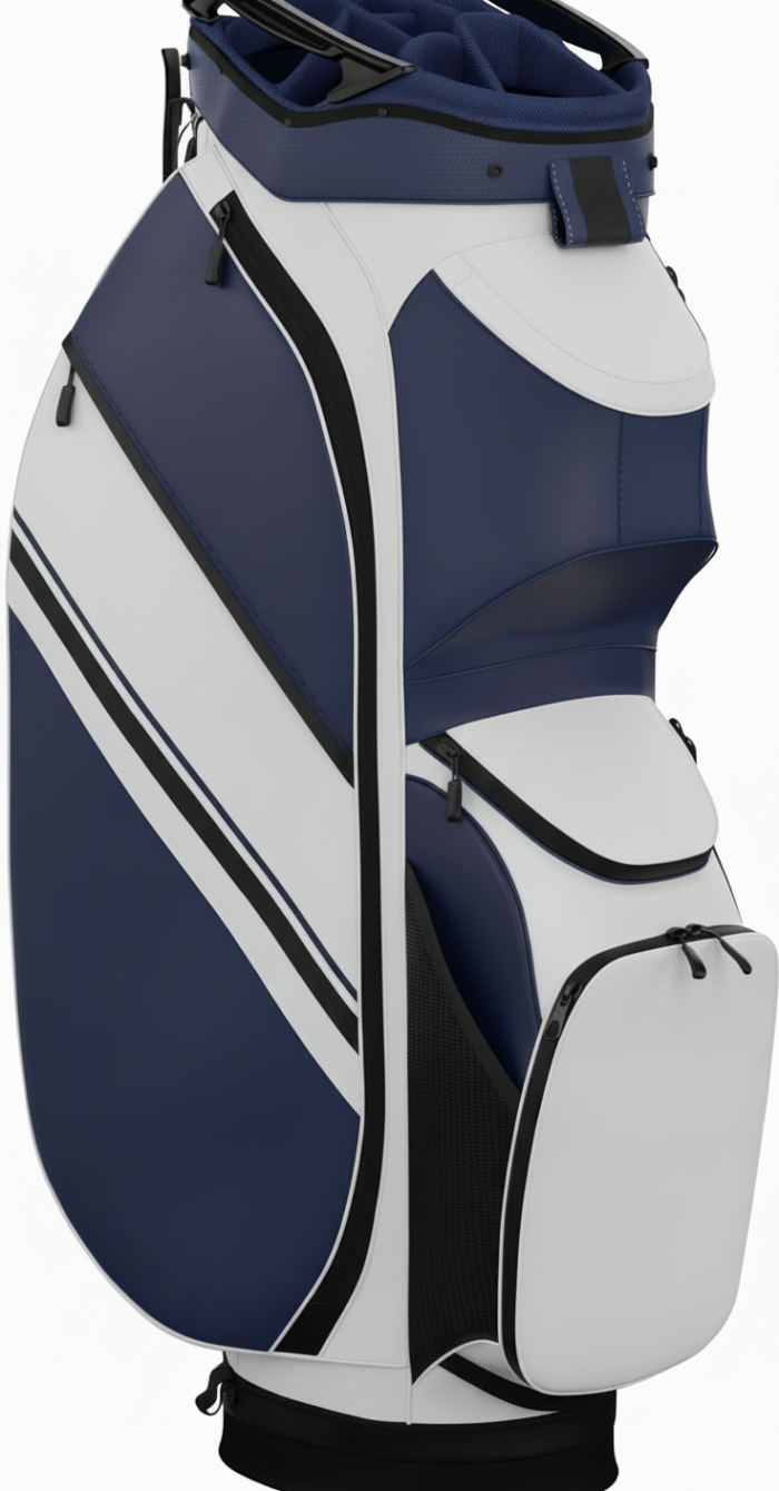 Front view of a navy blue and white golf travel bag with black accents and multiple zippered pockets.