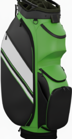Front view of a black-and-green golf travel bag with a large white stripe and multiple zippered pockets.