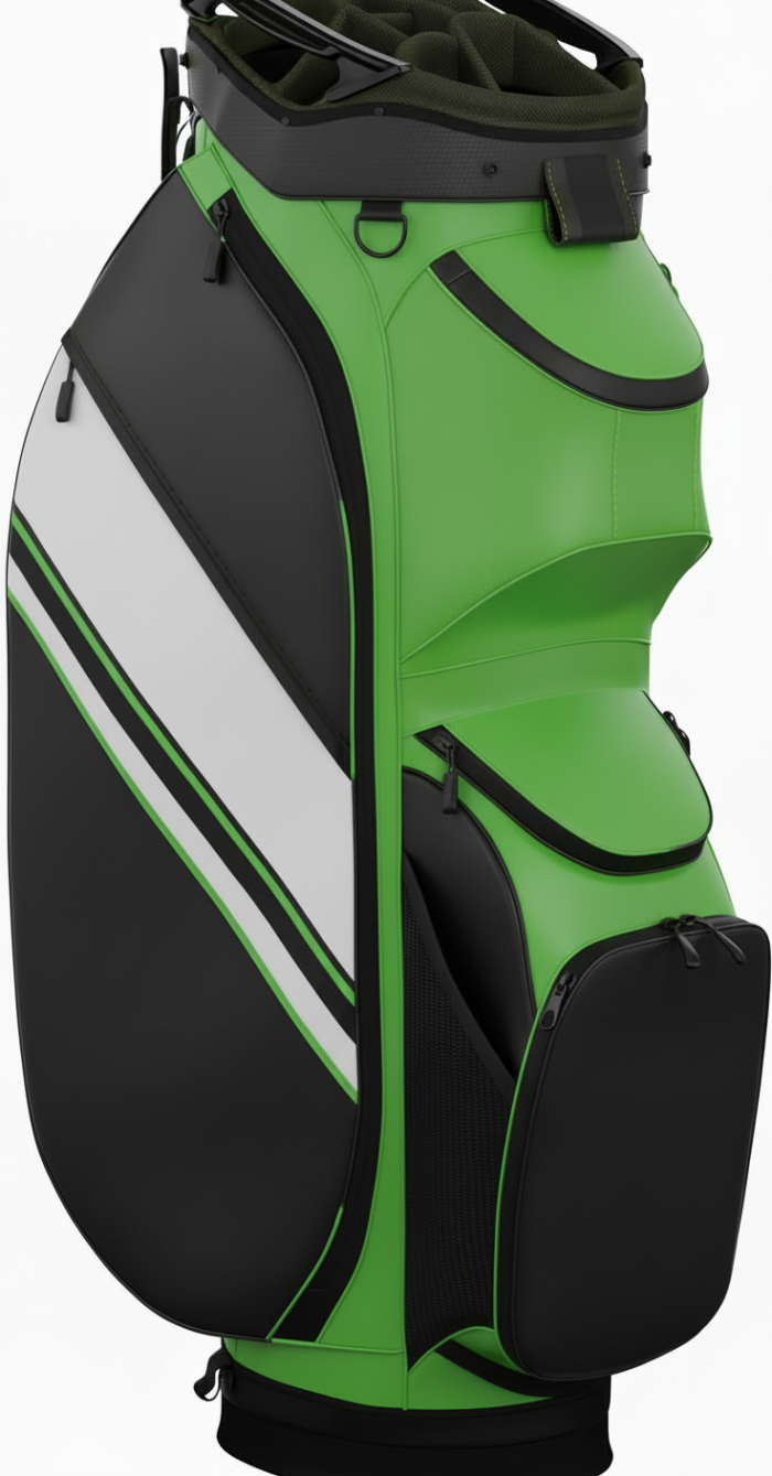 Front view of a black-and-green golf travel bag with a large white stripe and multiple zippered pockets.