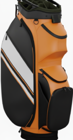 Front view of an orange, black, and white golf travel bag with multiple zippered pockets.
