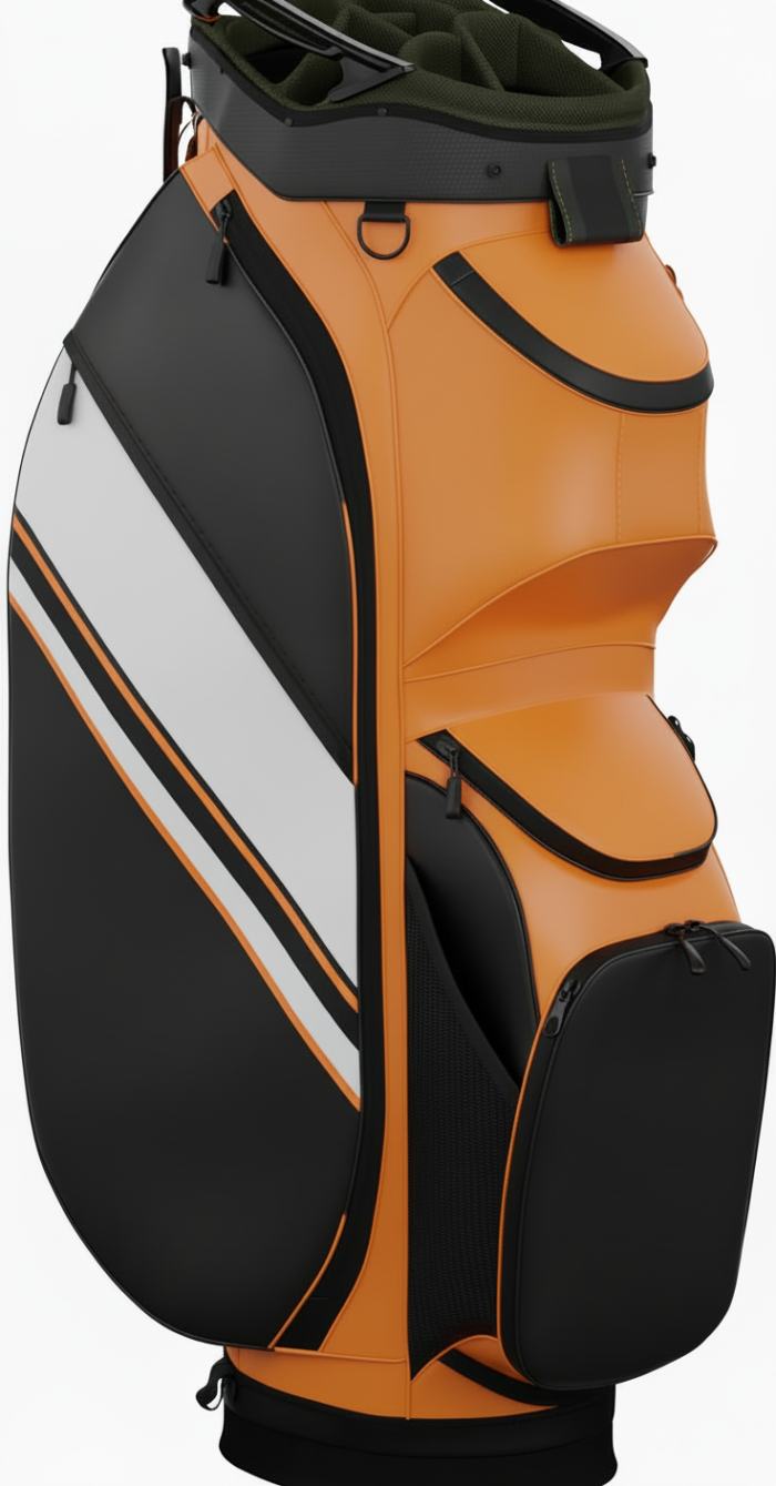 Front view of an orange, black, and white golf travel bag with multiple zippered pockets.
