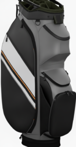 Front view of a modern black, gray, and white golf travel bag with an orange stripe and multiple zippered pockets.