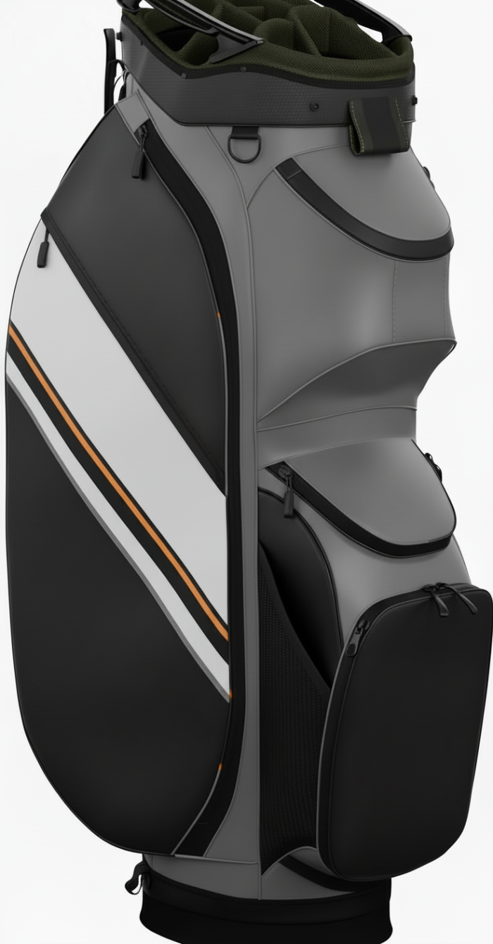 Front view of a modern black, gray, and white golf travel bag with an orange stripe and multiple zippered pockets.