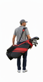 Man in a gray polo and cap carrying a red-and-black golf bag over his shoulder.
