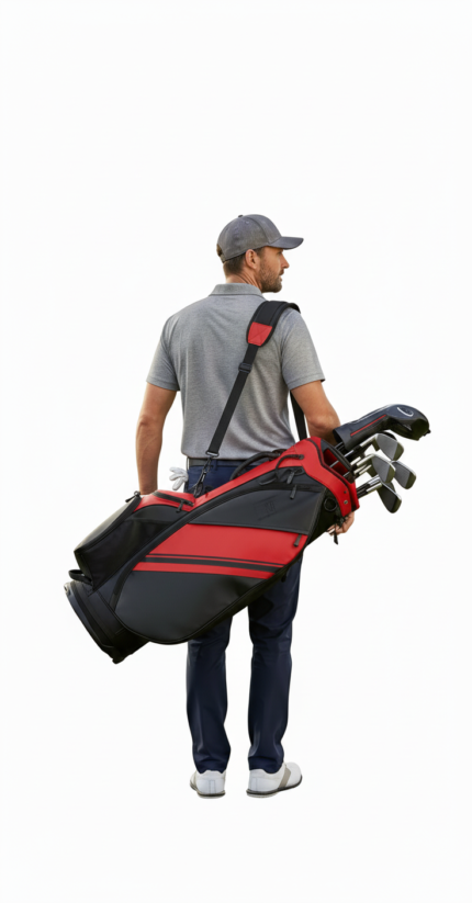 Man in a gray polo and cap carrying a red-and-black golf bag over his shoulder.