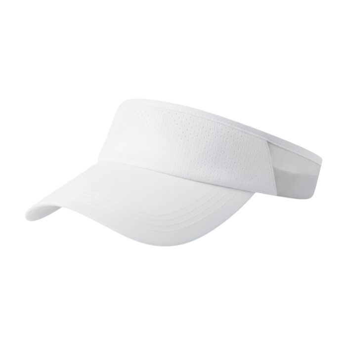 White golf visor hat with perforated band and mesh back, shown against a white background