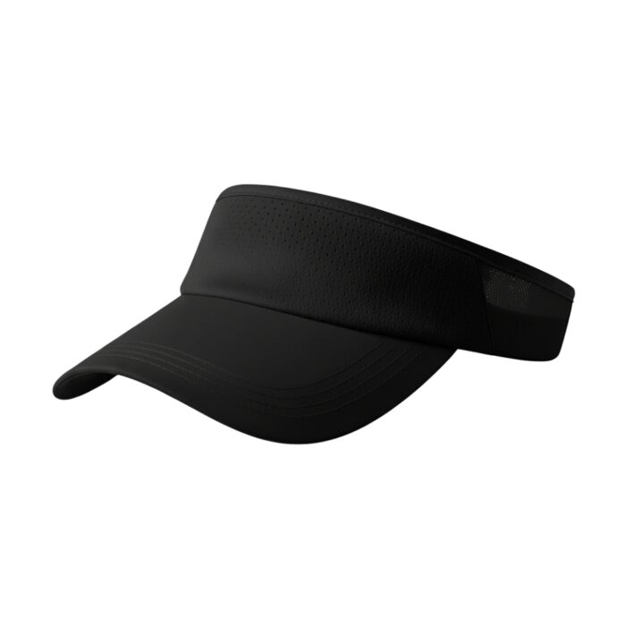 Black golf visor with perforated band and mesh back, shown against a white background